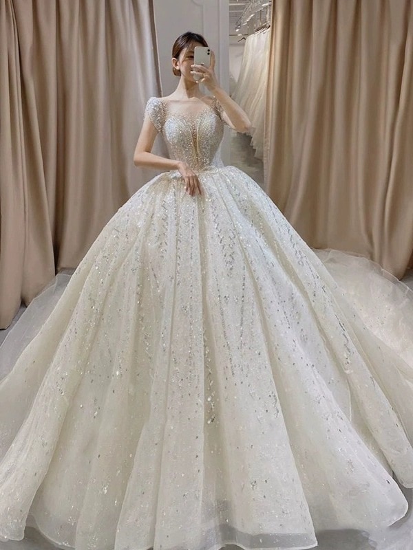 人気No.1「星空」キラキラ ウエディングドレス 安い トレーン付き 結婚式 二次会 プリンセス 花嫁 ドレス 披露宴 ロングドレス 大きいサイズ ウェディングドレス