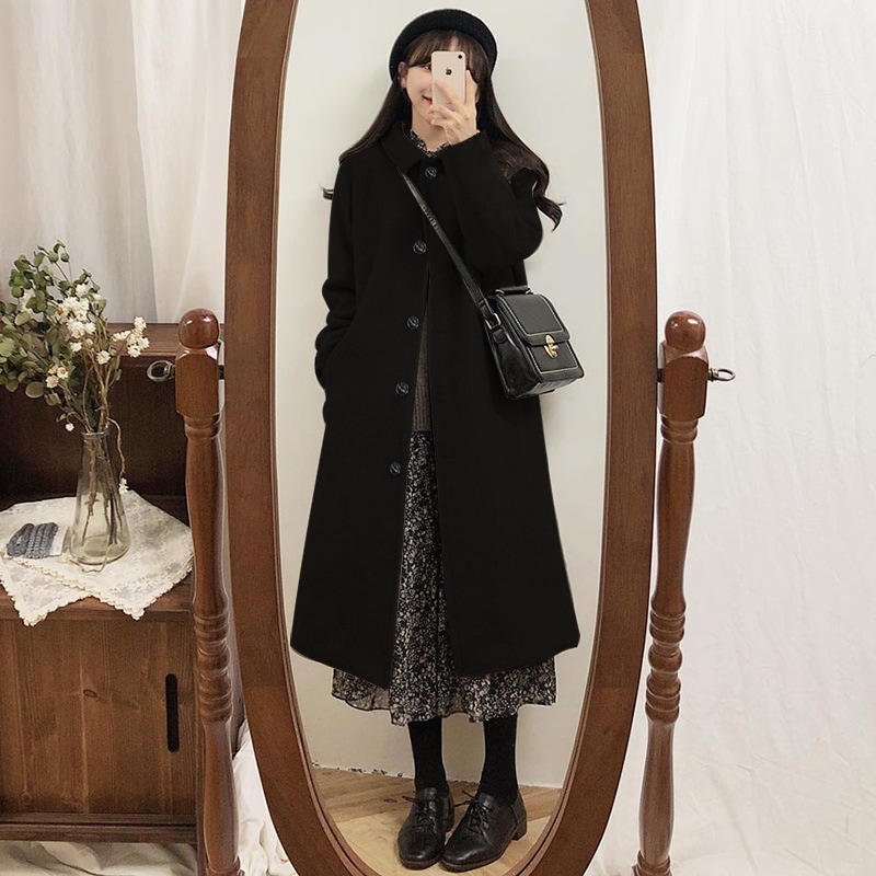 秋冬女性用黒スリムフィットウールコートヘボン風シングルブレスト両面フリースウールコートトレンド