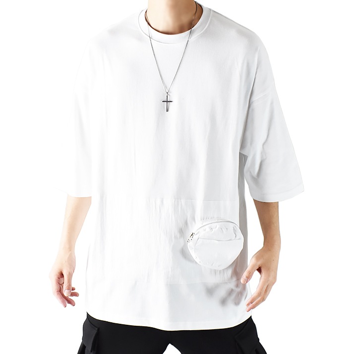 ポケットTシャツ メンズ モード系 半袖 ポケット付き Tシャツ V系 カットソー 5分袖 五分袖 ビッグシルエットTシャツ ビッグシルエット オーバーサイズ 大きいサイズ ドロップショルダー 綿