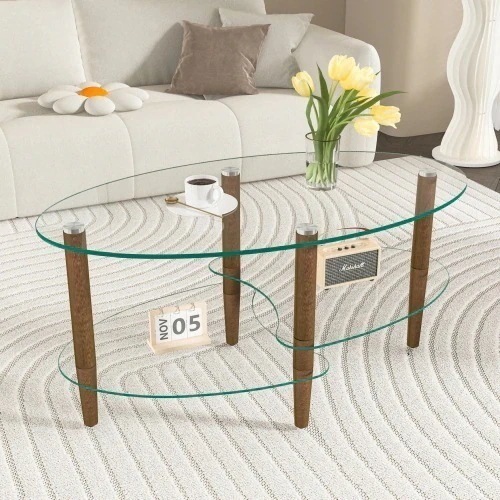 【自社生産】楕円形ガラスコーヒーテーブル 透明3段ガラス天板 オーク材脚 モダンリビングテーブル