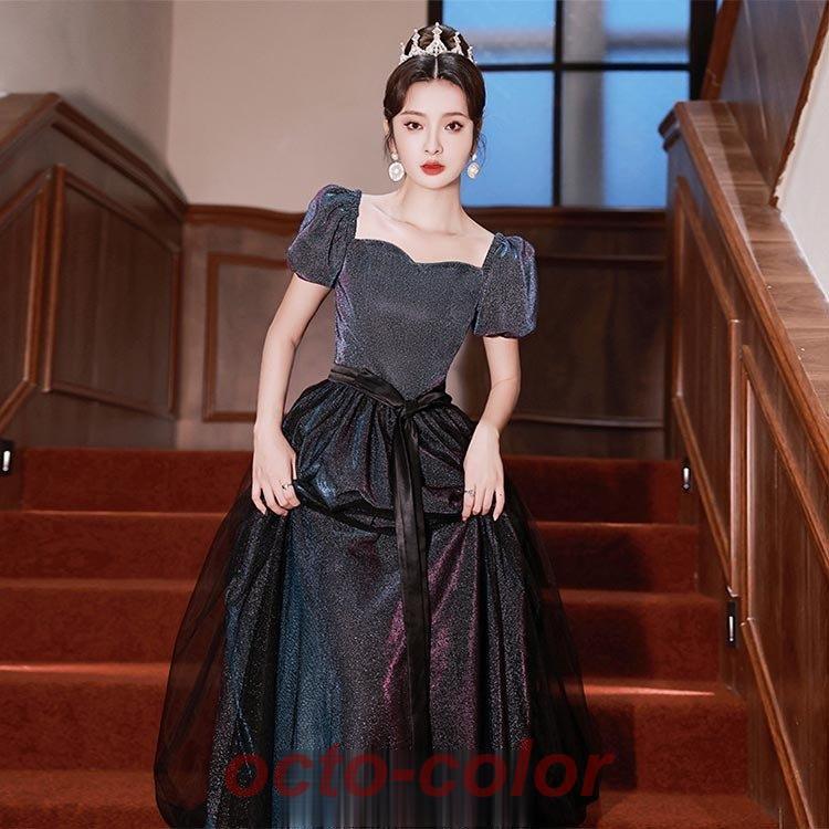 イブニングドレス ロングドレス パフスリーブ 黒 ブラック 20代 30代 40代 発表会ドレス ロング丈 Aライン パーティードレス 結婚式ドレス 二次会ドレス
