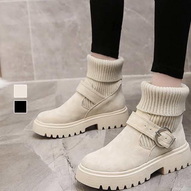 ブーツ ショートブーツ 24新作 シューズ ソックス風 レディース 韓国 2wayニットブーツ バックルベルト 靴 厚底ブーツ 歩きやすい 履きやすい シ