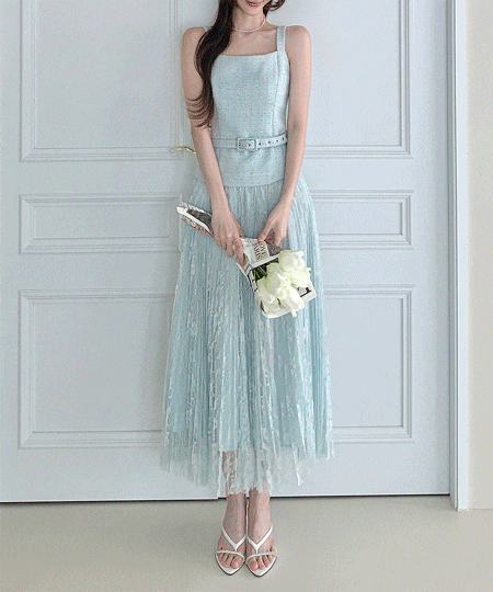 イードレースプリーツビスチェロングワンピース