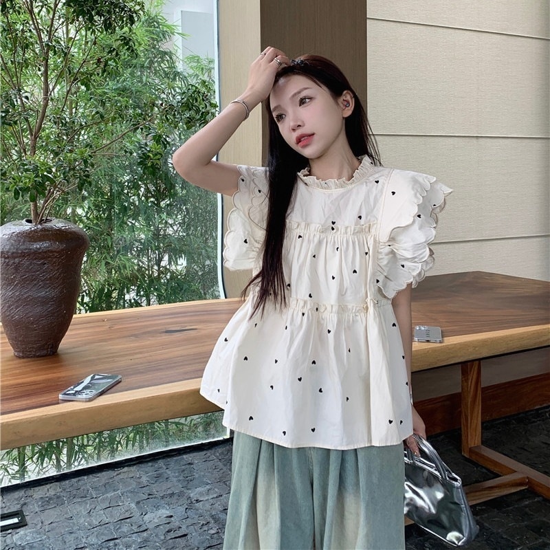 ハートスカラップトップス カットソー ノースリーブ フライングスリーブ フリル ハート プルオーバー ルーズ 韓国 レディース かわいい 可愛い 大人可愛い 大人女子 シンプル きれいめ