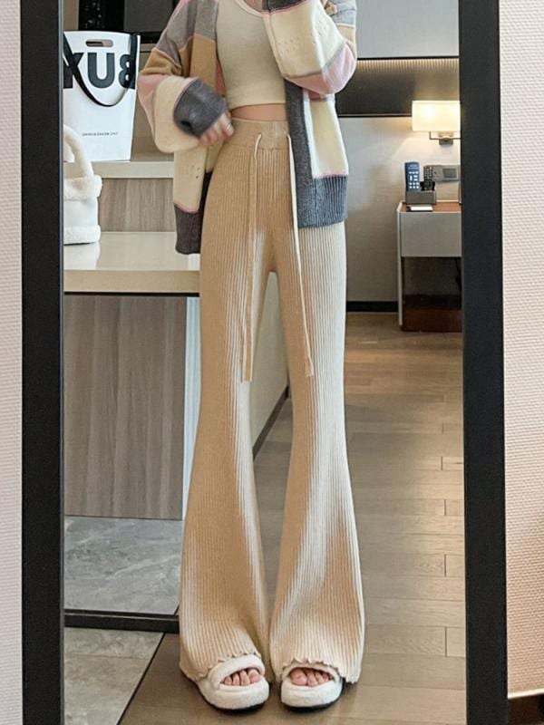 パンツ レディース 秋 冬 カジュアル ニット ボトムス 柔らかい ち ピット ストライプ 厚手 ハイウエスト スリム ワイド レッグ 少し フレア