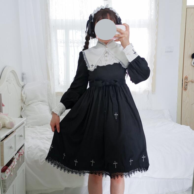 迅速な出荷 ロリータワンピース メイド服　ゴスロリ 長袖ドレス 付け襟　お姫様 日系女子中高生 コスプレ ハロウィン コスチューム 仮装 可愛い 黒系ワンピース