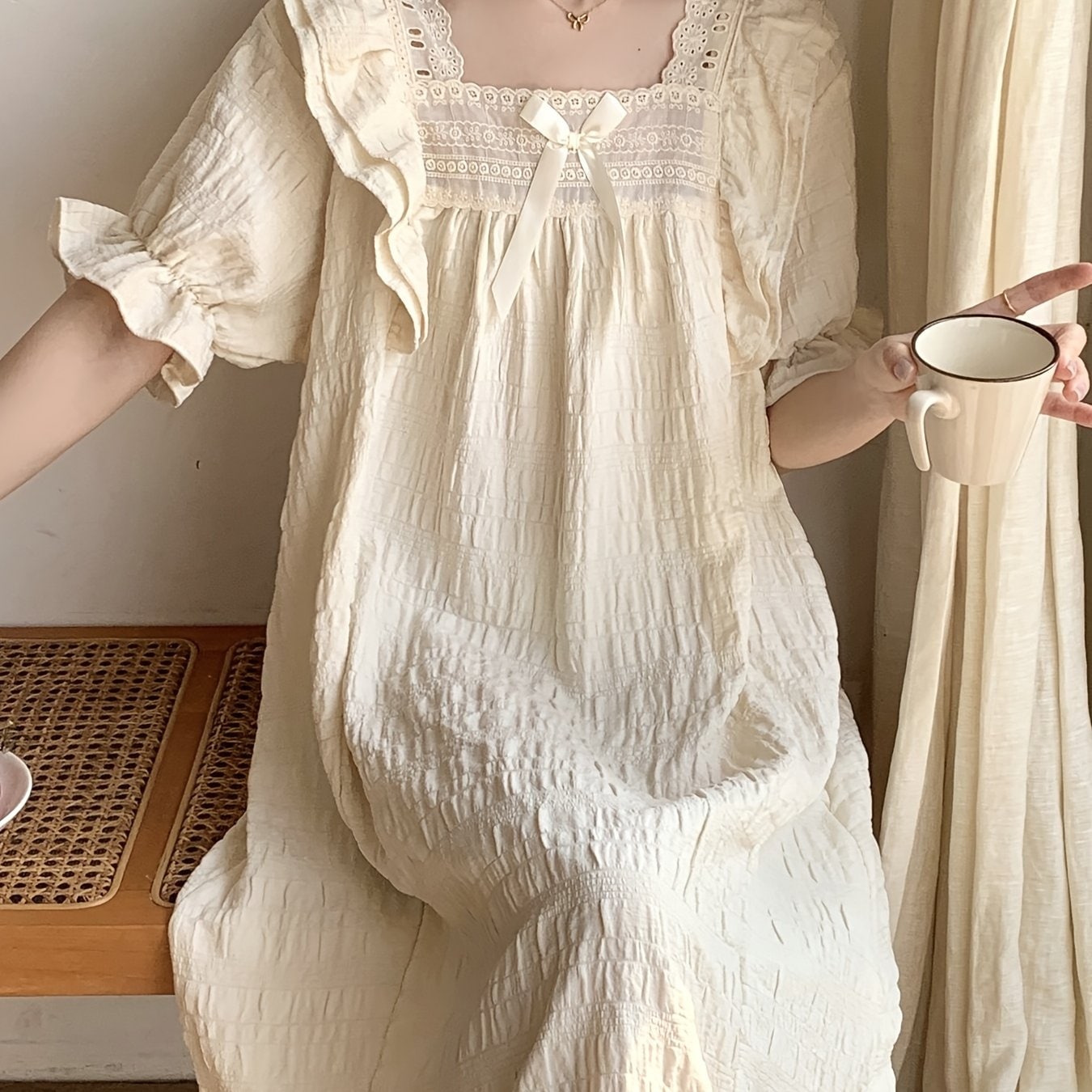 レディース プリンセススタイル 半袖 スリープドレス 夏用 バブルフリル 可愛い 無地カラー レーストリム ナイトガウン ホームローブ