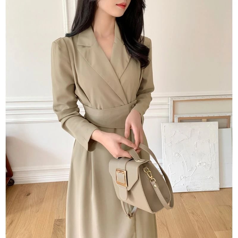 人气新作 シャツワンピース 韓国ファッション レディース おしゃれ かわいい カジュアル お OL 秋の新しい気質ラペル細いスーツドレス