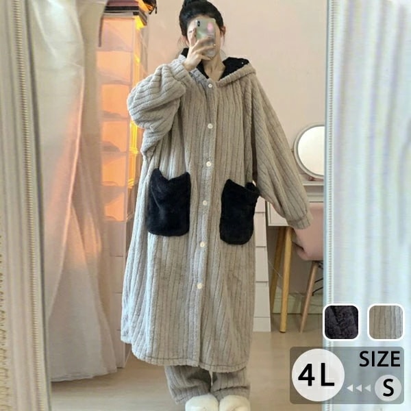 熊耳 ルームウェア もこもこ パジャマ 冬 長袖 ナイトガウン クマ 大きいサイズ 着る毛布 前開き フード付き 寝巻き 部屋着 暖かい あったか 着ぐるみ モコモコ 大人用 ふわふわ 動物 レディー