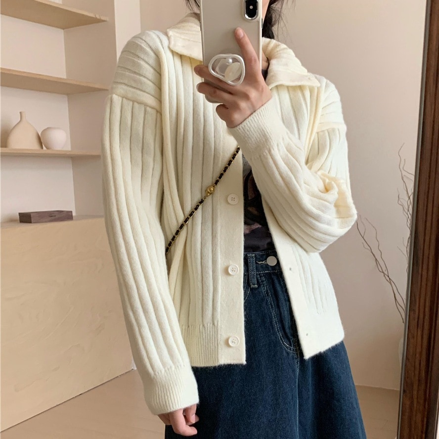 女性用レイジースタイルソフトワックスポロカラーセーター2025秋冬ジェントルスタイルレディピットソリッドカラーニットカーディガンジャケット