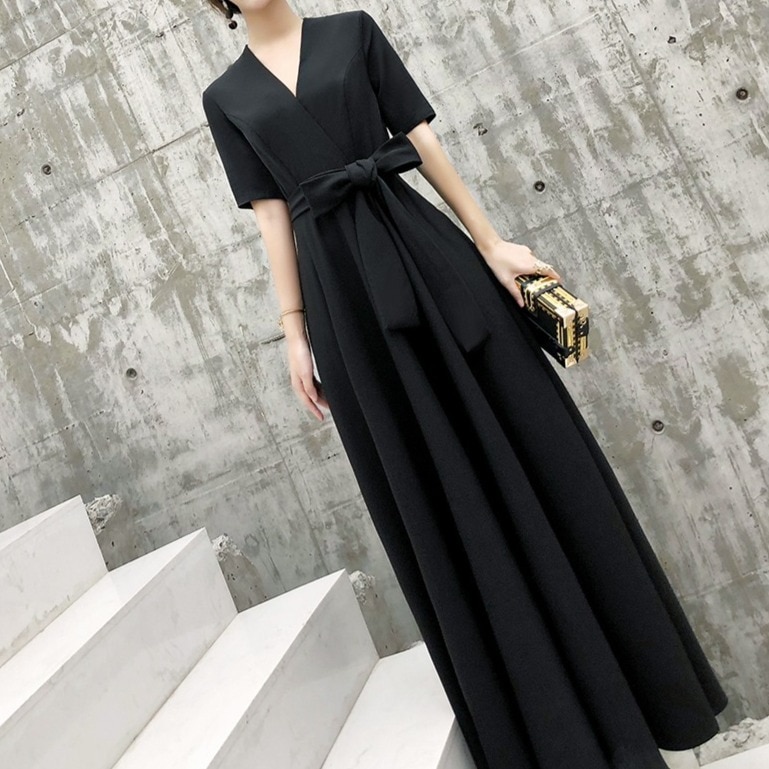 ドレス ワンピース レディース ウェディング パーティー 結婚式 二次会 披露宴 演奏会 発表会 ステージ 舞台 フォーマル 謝恩会 ロング マキシ 半袖 5分袖 Vネック 襟なし スレンダー フレア