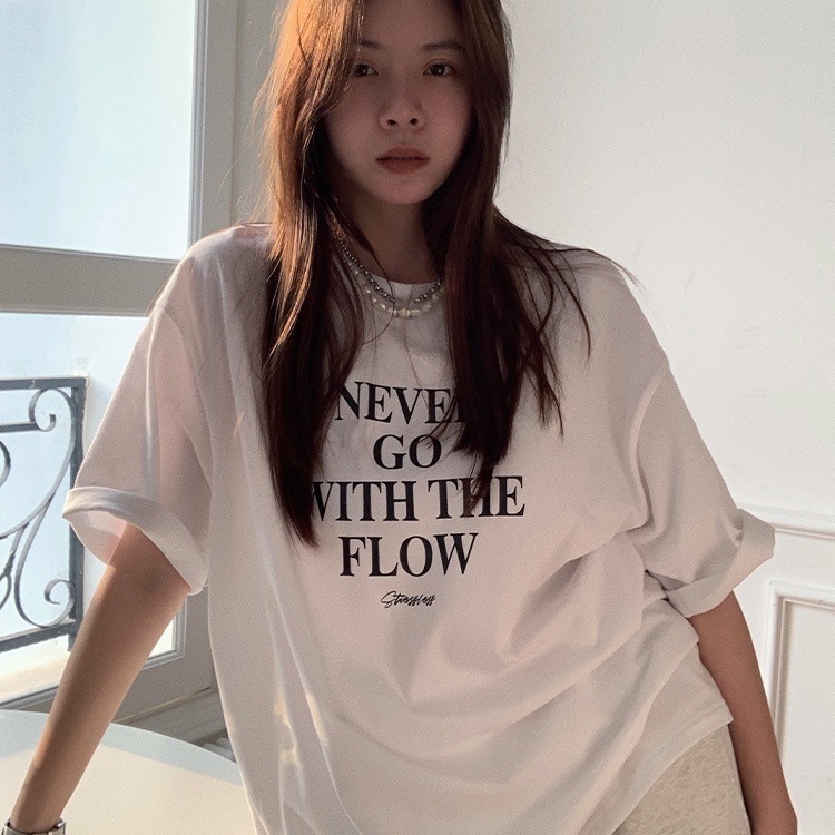 トップス Tシャツ 長袖 袖あり半袖 5分袖 ホワイト グレー ブラック Uネック ラウンドネック 個性的 英字プリント ロゴ 春 夏 秋 10代 20代 学生 主婦 オーバーサイズ 韓国 体型カバー