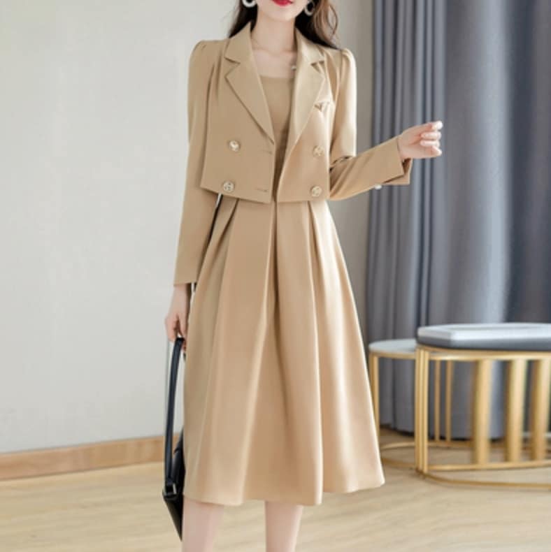 ワンピース デート ミモレ ミモレ丈 袖あり 長袖 春 秋 10代 20代 30代 レディース 個性的 ベージュ ブラック M L XL こなれ感 セットアップ エレガント クール セクシー