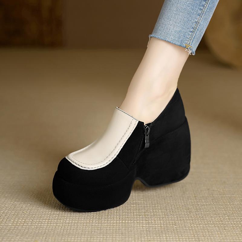 初回限定ブーティ ウェッジソール 10cm 黒 白 ローファー パンプス かっこいい 韓国系 本革 高級感 バイカラー プラットフォーム シューズ 身長 アップ 脚長 深口 スクエアトゥ サイドファス