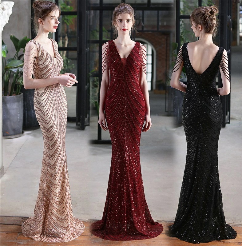 ロングドレス 発表会 演奏会ワンピース 20代 30代 40代 全6色 Vネック タイトロングドレス キャバドレス イブニングドレス スパンコール キラキラ パーティードレス プリンセスドレス 着痩せ