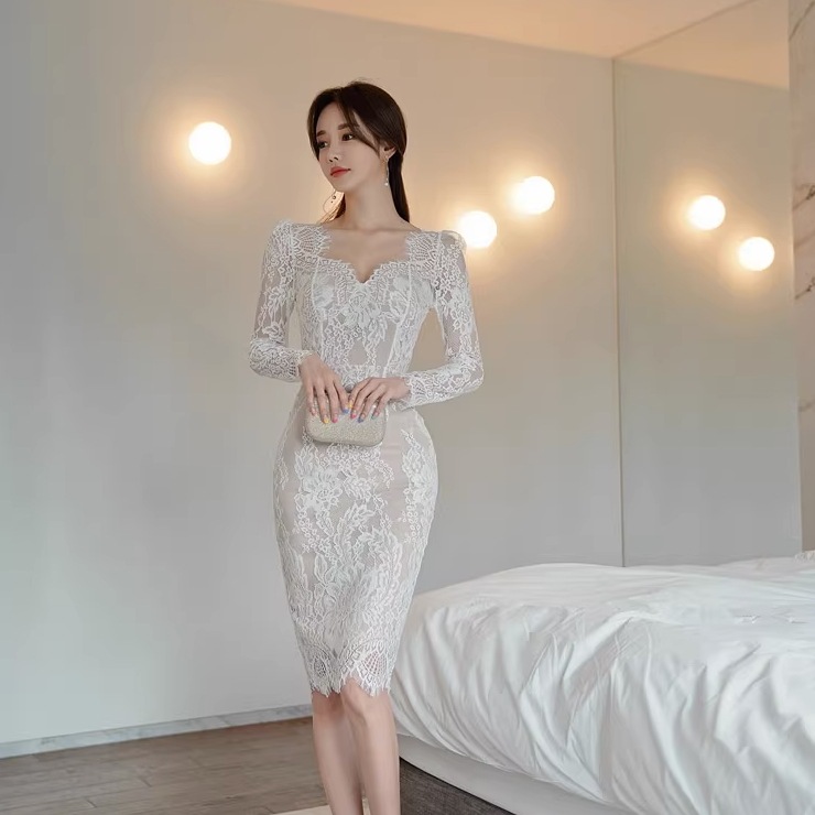 ドレス ウェディングドレス パーティードレス 花嫁ドレス ミニドレス キャバドレス ショート ショート丈 袖あり 長袖 Vネック 襟なし マーメイド マーメイドライン レース スリット バックスリット