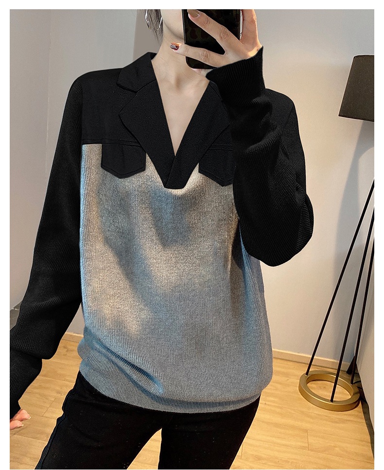 ゆったり ニット セーター レディース デザインセンス スーツカラー 外国 ジャケット 秋 冬 グレー Ｓ Ｍ Ｌ XL トップス 袖あり かわいい 大人可愛い きれいめ シンプル カジュアル 大人