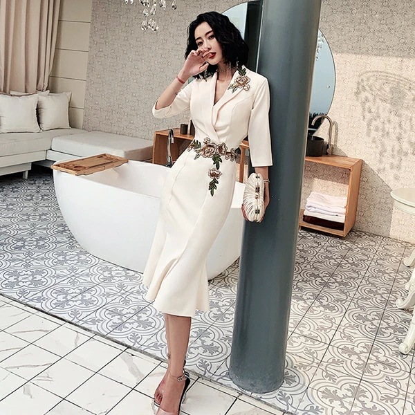 【即納】韓国パーティードレス ワンピース ドレス 可愛い 無地　花柄 カシュクール　Vネック 春　夏　秋　五分袖　ひざ下丈　ミモレ丈　ミディ丈 オルチャン お呼ばれ ゲスト 二次会 披露宴 パーティー