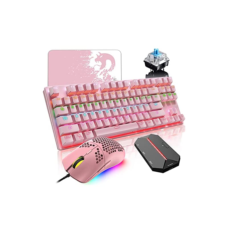 有線ゲーミングキーボードマウスセット 青軸87キー 防衝突軽量 ピンク+コンバーター マウスパッド付