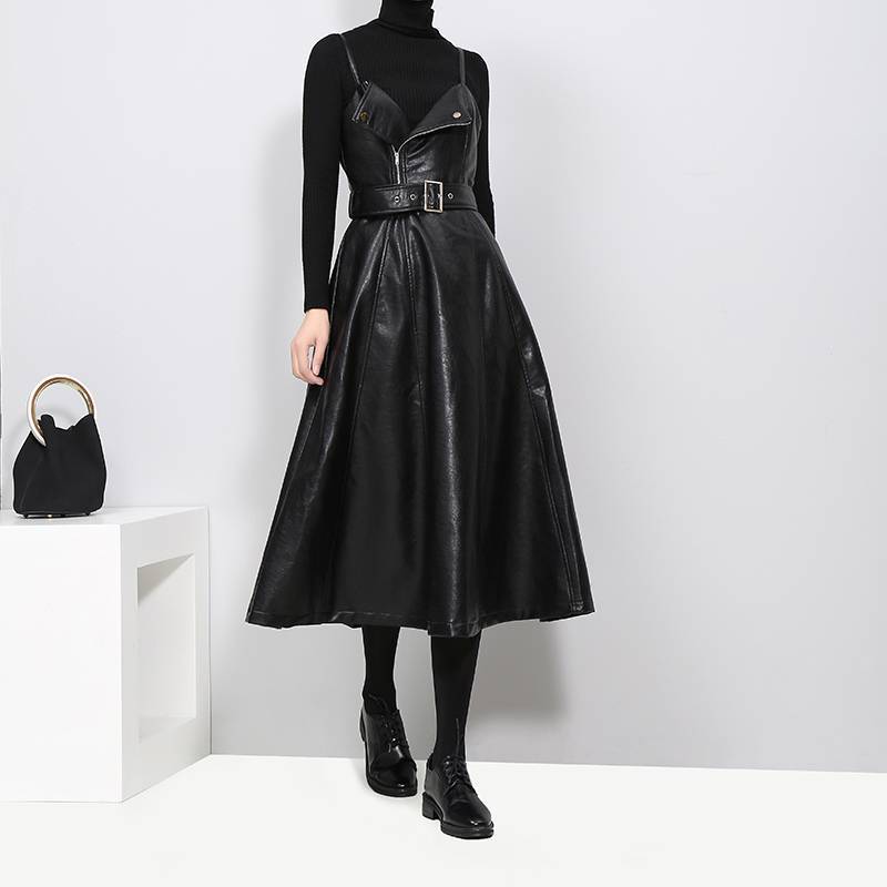 ミモレ丈ワンピース 綺麗めワンピース ワンピース ドレス レディース 秋 冬 きれいめ 10代 20代 レザー 黒 ロング ミモレ 膝丈 コーデ フレア Aライン キャミソール ウエストマーク ベルト 4,997円
