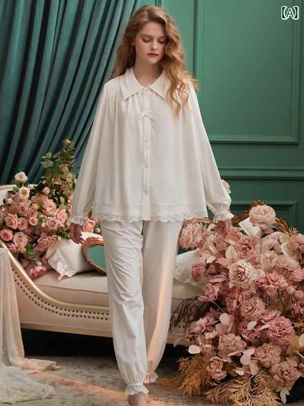 パジャマ レディース 宮殿風 春秋 薄手レースフリル シフォン 長袖 上下セット ナイト ルーム ホームウェア ゆるふわ 快適 着心地 ガーリー かわいい