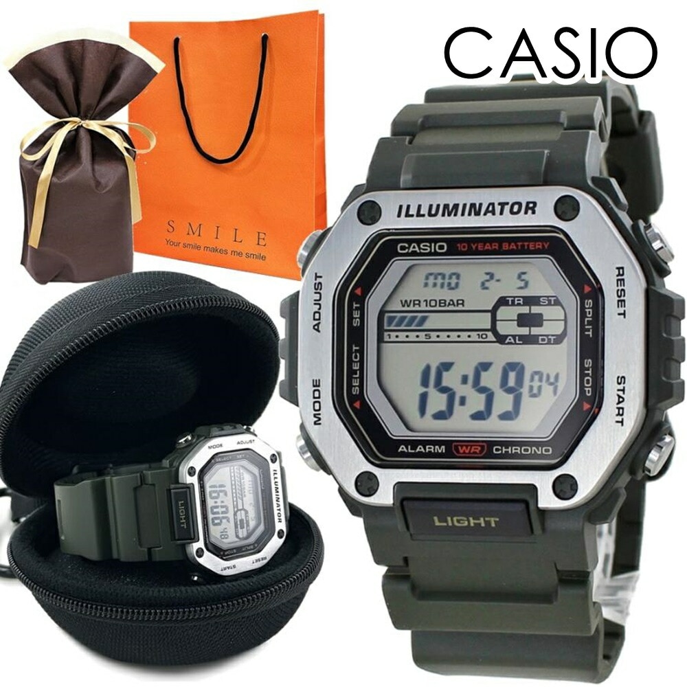 ラッピング済 ギフトセット カシオ デジタル 腕時計 手表 メンズ カーキ 携帯 収納ケース付き 軽い 見やすい 10気圧防水 仕事用 作業用 アウトドア 旅行 中学生 高校生 彼氏 父 夫 記念日