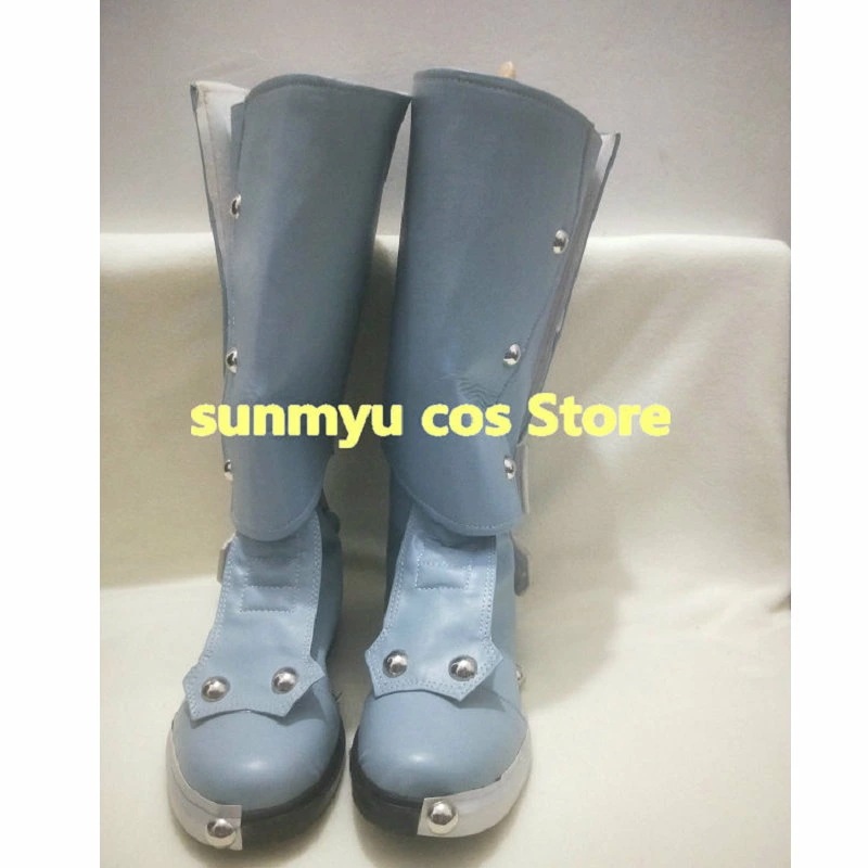 ライトブルー靴　グレーっぽいブルーロングブーツ　オーダーサイズ　 コスプレ靴