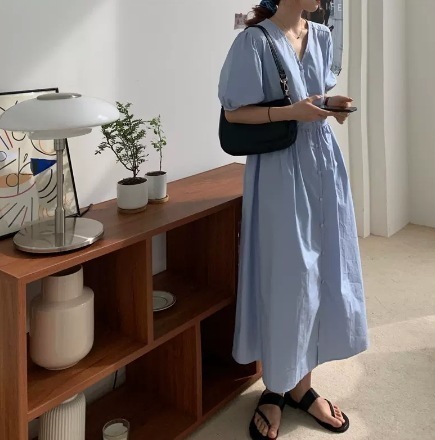ワンピース シャツワンピース ロング丈 7分袖 ラウンドネック ボタン ボリューム袖 ノーカラー ウエストリボン パフスリーブ 切り替えデザイン ギャザー シャツ かわいい きれいめ シンプル