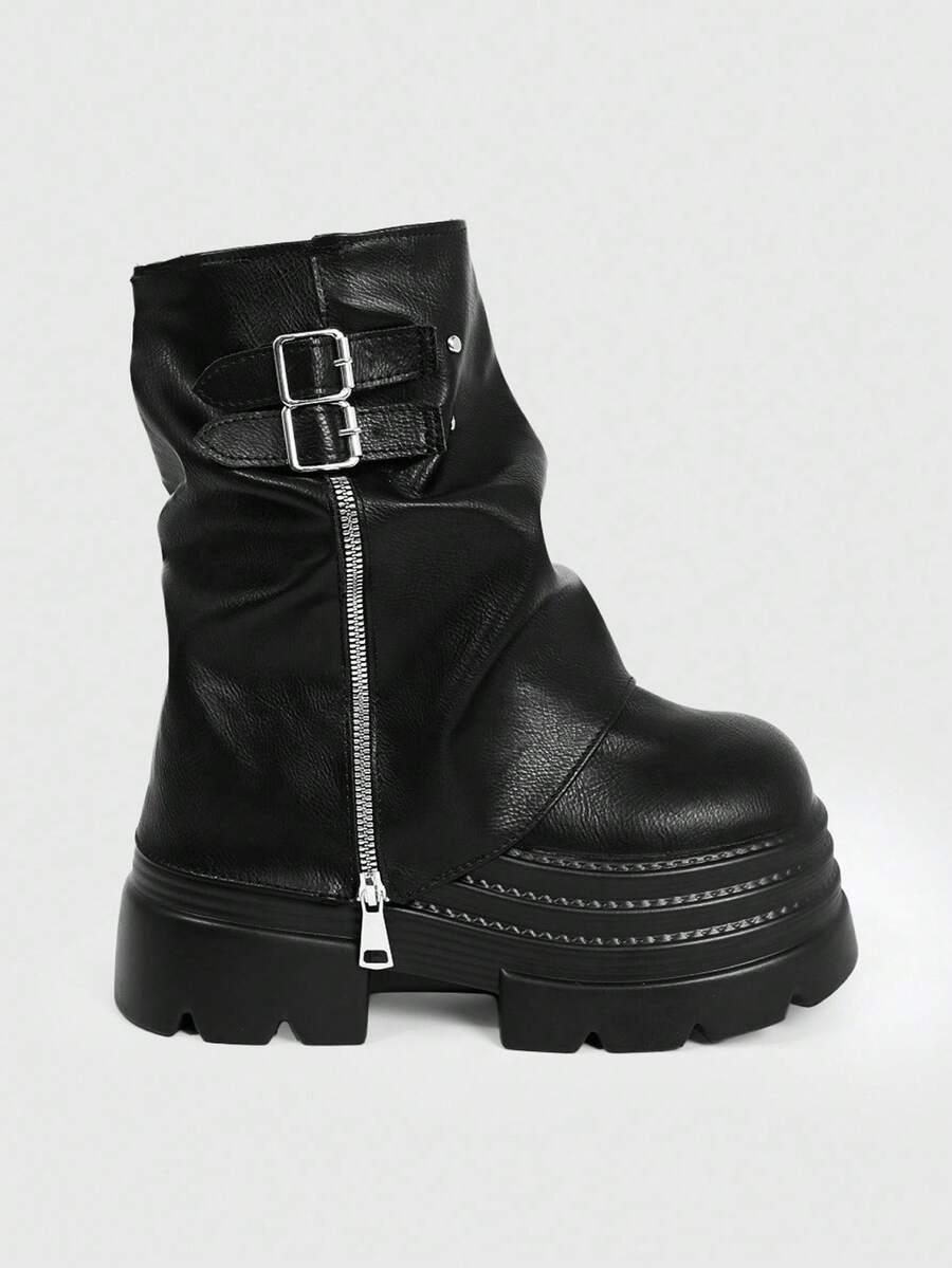 ROMWE Grunge Punk ウィメンズ ダークロック パンク ゴシック ブーツ尖った つま先 アンクルブーツウェッジヒール 厚底 バックルストラップ ライディングアンクルブーツクリスマス