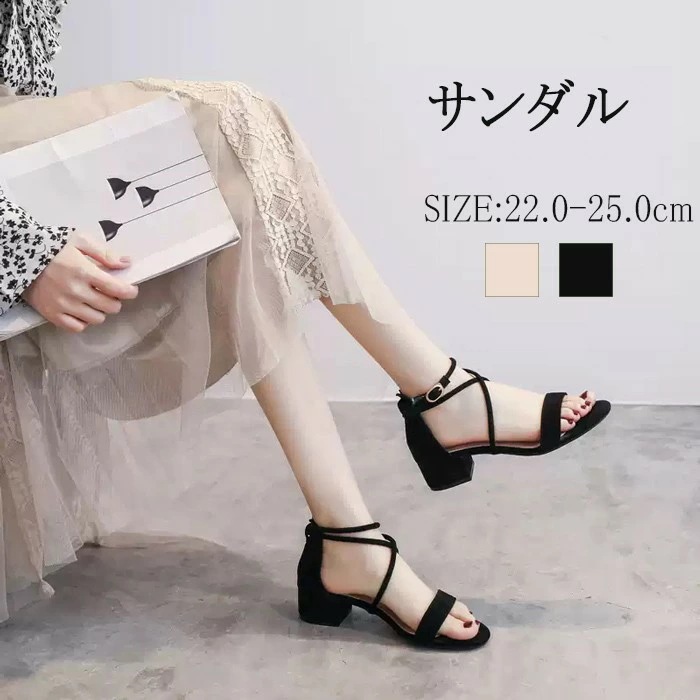 ストラップサンダル ベルトサンダル レディース サンダル 痛くない 歩きやすい クロスベルト アンクルストラップ スクエアトゥ ローヒール チャンキーヒール 太ヒール 4cm ブラック 黒 通勤 オフ