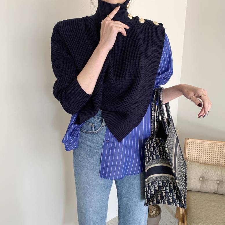 2color レディース シャツドッキングハイネックプルオーバー ストライプシャツ フェイクレイヤー