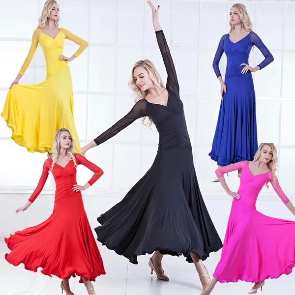 モダンドレス 社交ダンス 衣装 ワンピース 大きい裾 ワルツダンス ウェア ダンス服 スタンダード ラテンダンス 大きいサイズ S M L XL 2XL 3XL ステージ衣装 練習着 イベント衣装 ロ