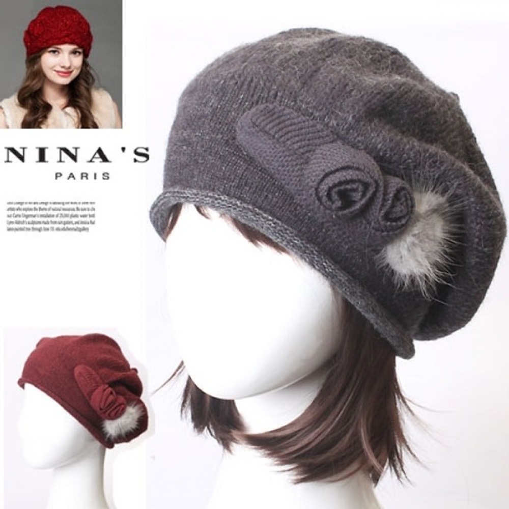 (Ninas Paris) ミンクコサージュルーズフィットモヘアニットビーニー (6SH347)