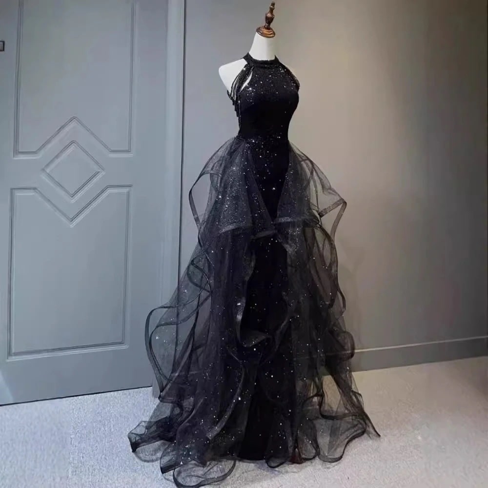 【2枚購入で 3oo円OFF！】黒イブニングドレスホルターネックドレス気質スパンコール声楽テストガール