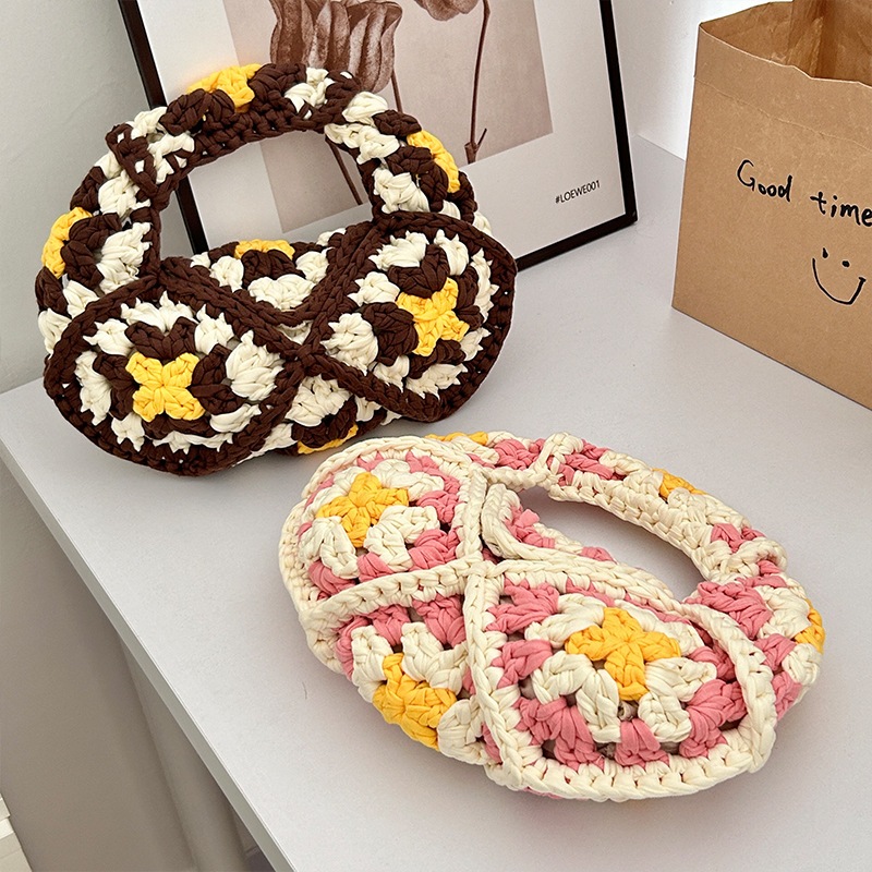 Insflowerおばあちゃんの格子縞の花の手編みのバッグかぎ針編み糸ニット手書きの手書きバッグ直接販売