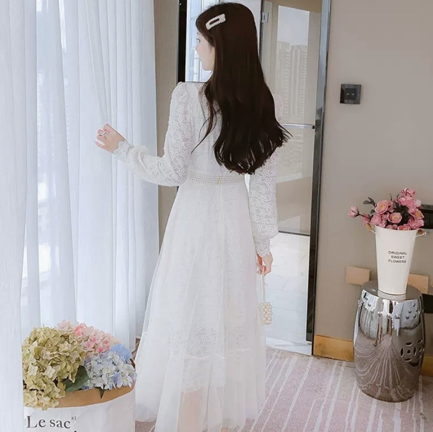 ワンピース デート フレアワンピース ワンピドレス ミモレ ミモレ丈 袖あり 長袖 レース かわいい 大人可愛い きれいめ シンプル カジュアル 大人 上品 おしゃれ お洒落 かっこいい レトロ