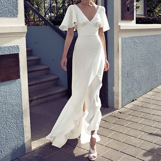 ドレス ワンピース ウェディング パーティー 結婚式 二次会 披露宴 演奏会 衣装 ロング 半袖 Vネック スリム ワイド 細身 Aライン ウエストマーク バックシャン バックコンシャス 薄手
