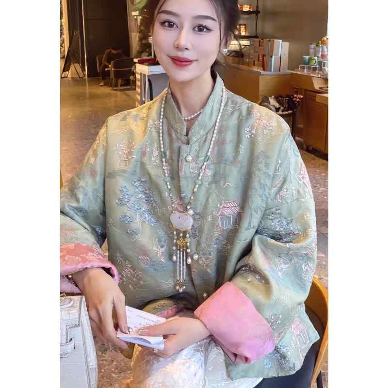 秋服 レディース ファッション オシャレ カワイイ シンプル 大人カワイイ 大きいサイズ グリーン キルティング ジャケット 唐 スーツ 厚手 綿 ジャケット