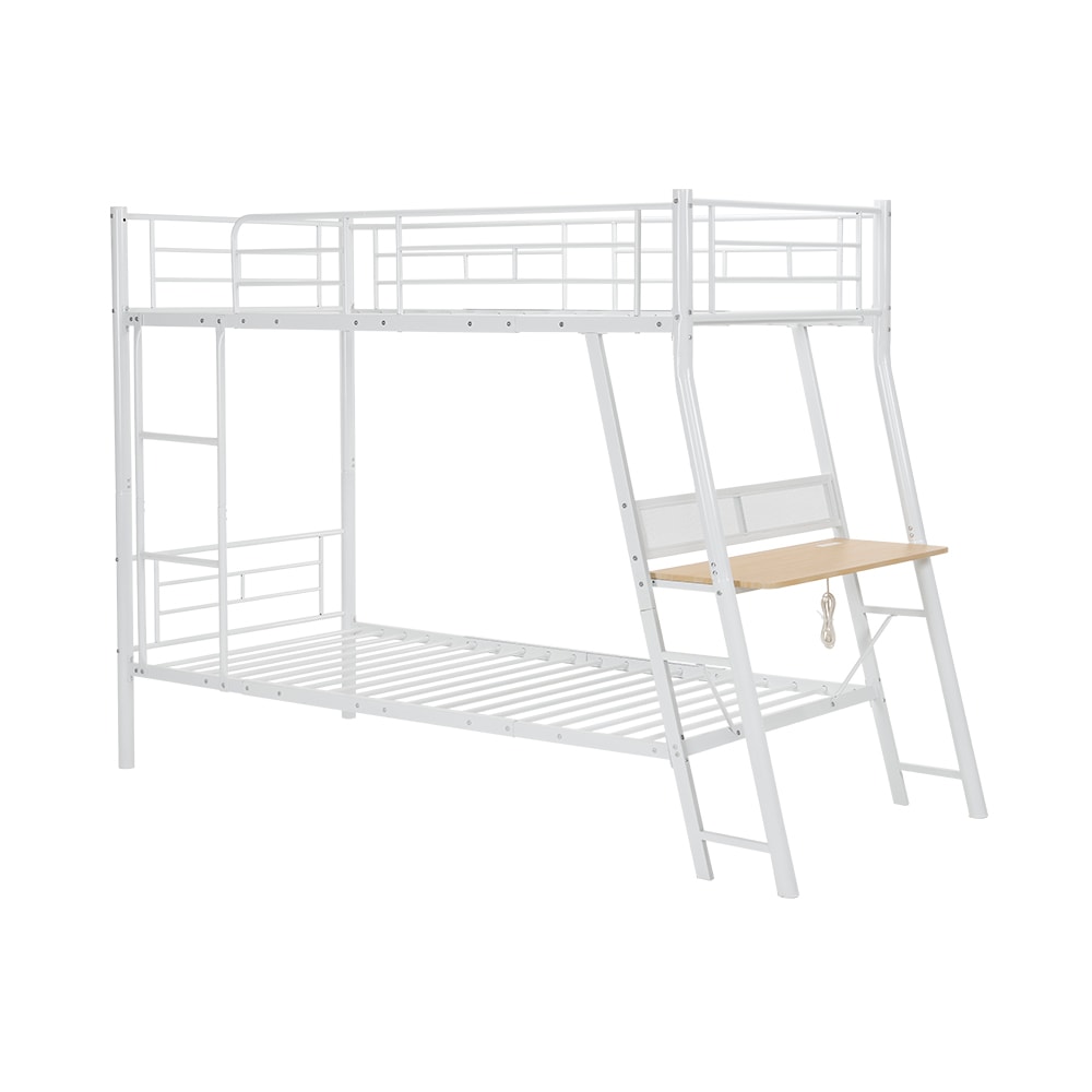 【ホワイト】 ロフトベッド パイプベッド デスク付き シングル パイプ ミドルタイプ シングルベッド 省スペース　コンセント付き　スチール