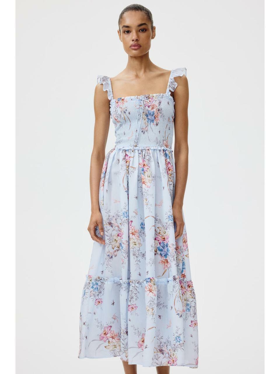H&M フリルトリムスモーキングボディスドレスライトブルーフローラル 1344019001