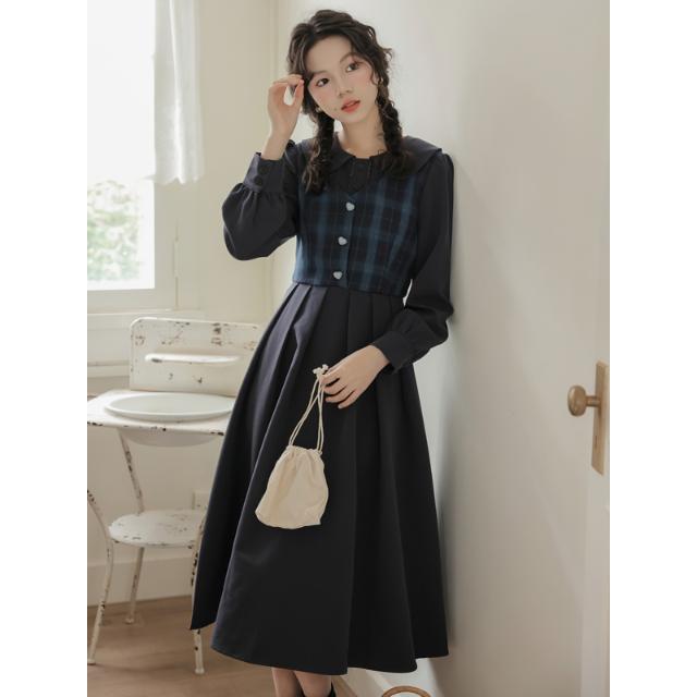 フランス風文芸人形襟長袖ワンピース腰を収めて痩せた格子縞が感のあるファッションスカートの女性をつなぎ合わせる 4,785円