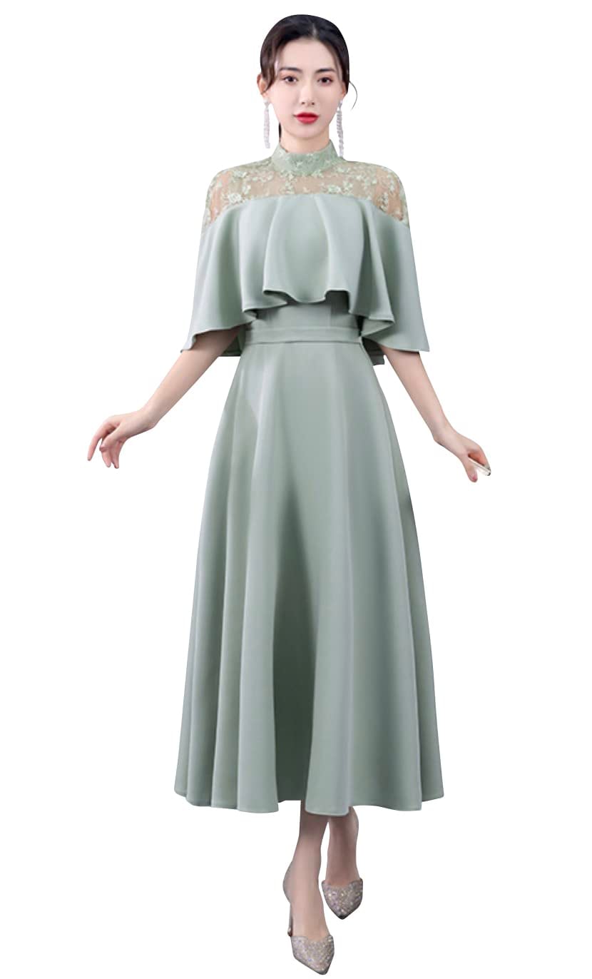 [EightSTAR Dress] 結婚式ドレス Aライン パーティードレス 二次会 お呼ばれ ロング ミモレ ハイネック レース ワンピース 大人 20代 30代 40代 体型カバー 袖あり (M,