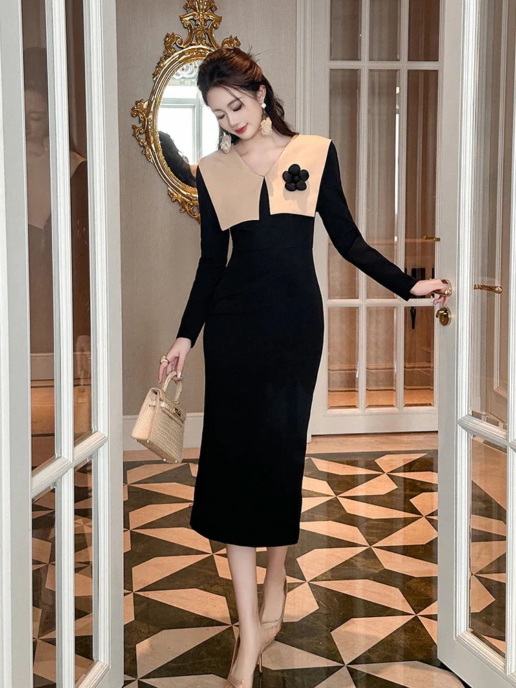 【JY.上品】 2025秋冬新品 ドッキング ワンピース フラワー飾り ドレス パーティー キャバ 大人 同窓会 披露宴 卒業式 結婚式 演奏会 ウェディング 二次会 メガ割