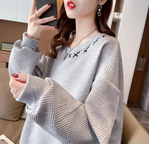 ファッション ベーシックニット 刺繍衛衣レディースミドル丈 春秋新作学生韓国版ゆったりオーバーサイズアウター