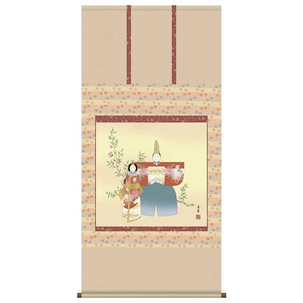 掛け軸/節句画/お雛様/立雛/野川秀華/曉山会/金襴小紋正絹本表装/尺八サイズ幅64.5cm/桐箱畳紙収納/表装品質十年保証/ひな祭り掛軸 初節句 桃 雛祭り