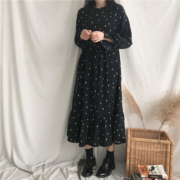 【即納あり】ワンピース ドット柄 長袖 ロング丈 クルーネック オフホワイト ブラック ダンス 衣装 4,754円