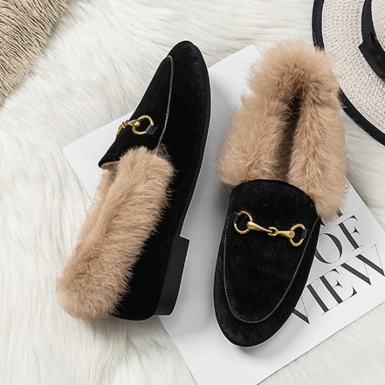 【取寄：納期2週間】ファーパンプス ミュールローファー 冬 レディース シューズ 韓国 ファッション フェイクファー ビット付き ファーサンダル ぺたんこ バブーシュ ファー スリッポン