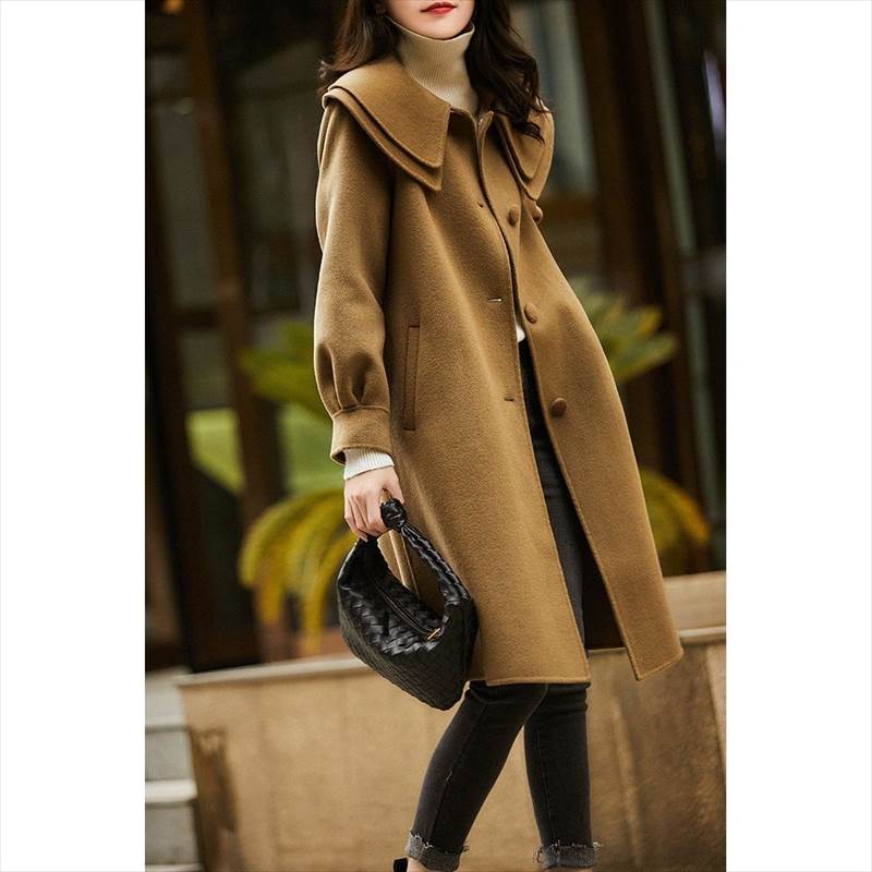 アウター レディース ウールコート 羽織り ミドル丈 襟付き ダブルカラー 二重襟 ポケット キャンリーブ 長袖 くるみボタン 大人可愛い きれいめ シンプル 大人 上品 おしゃれ お洒落 かっこいい