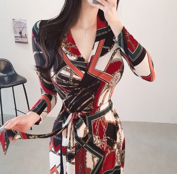 ワンピース 長袖 秋 春夏 きれいめ ペンシルスカート ひざ丈 Vネック 深 Vネック 襟なし スリム タイト 細身 ストレート ウエストマーク ウエストリボン スリット S M L 大人可愛い 大人