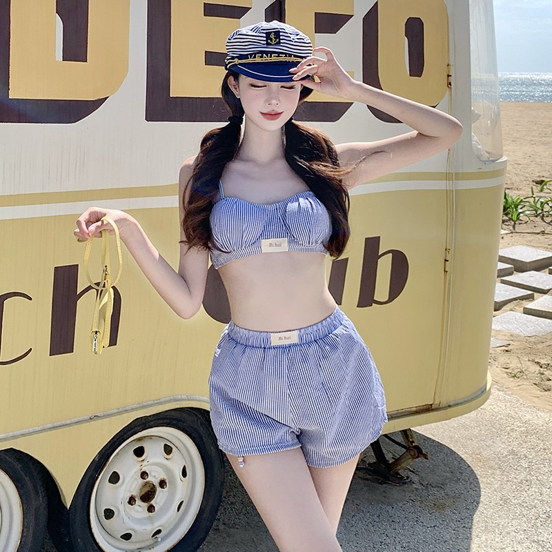 替换おしゃれ ブルー ホワイト ストライプ 上品 甘い ネイビー風 分体水着 ハイウエスト ショートパンツ ビキニ3点セット5271372